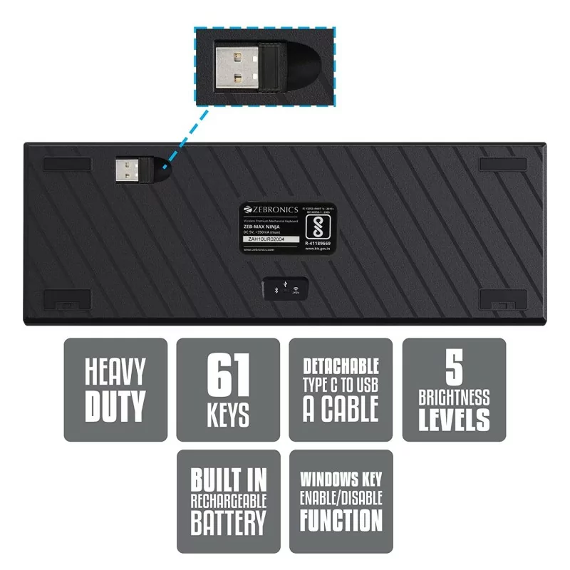 Zebronics Zeb Max Ninja 60% Wireless Black - Blue switch Zebronics Zeb Max Ninja 60% Wireless Black - Blue switch